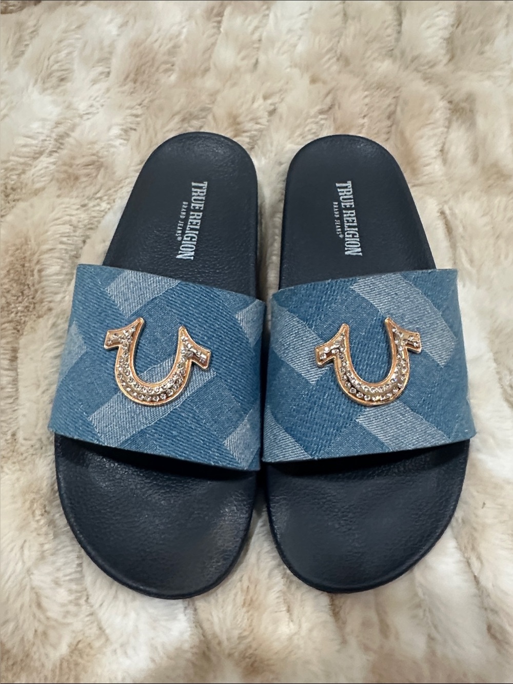 True Religion Blue Denim Slide Sandals with Gold Logo